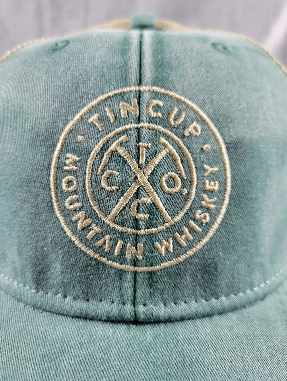 NWT Adams Tin Cup Mountain Whiskey Tan Green Distressed Snapback Trucker Hat